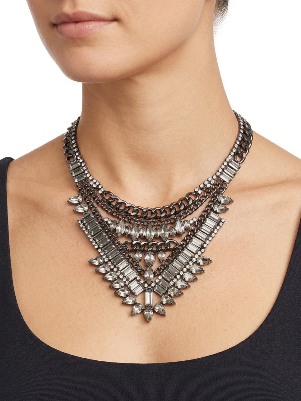 Statement Multi-Layer Crystal Bib Necklace - Gunmetal